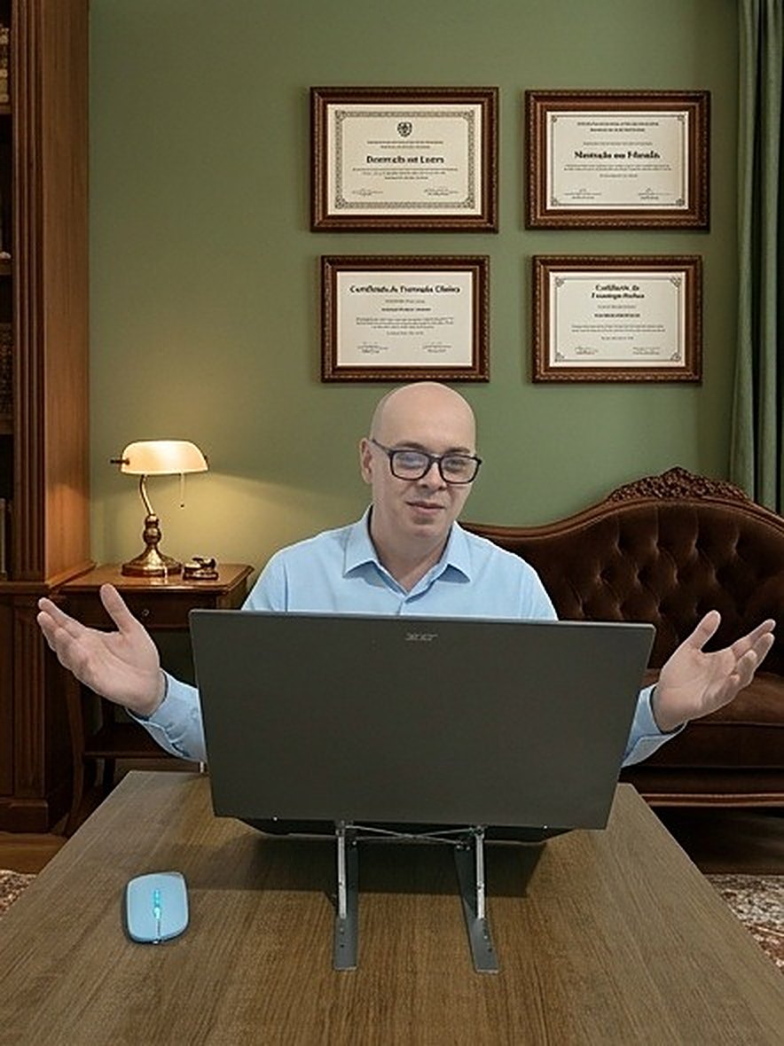 Adalberto em seu consultório, em atendimento online